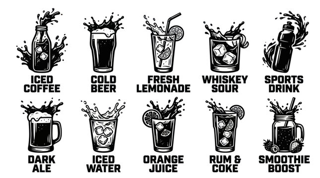 Dynamic Beverage Splash and Cocktail Illustration Set