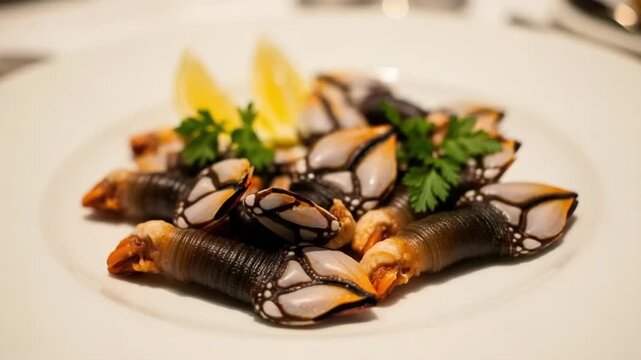 Gourmet Goose Barnacles Served on a White Plate with Lemon and Parsley Garnish, High-End Seafood Delicacy for Fine Dining Restaurant Menu or Culinary Food Photography