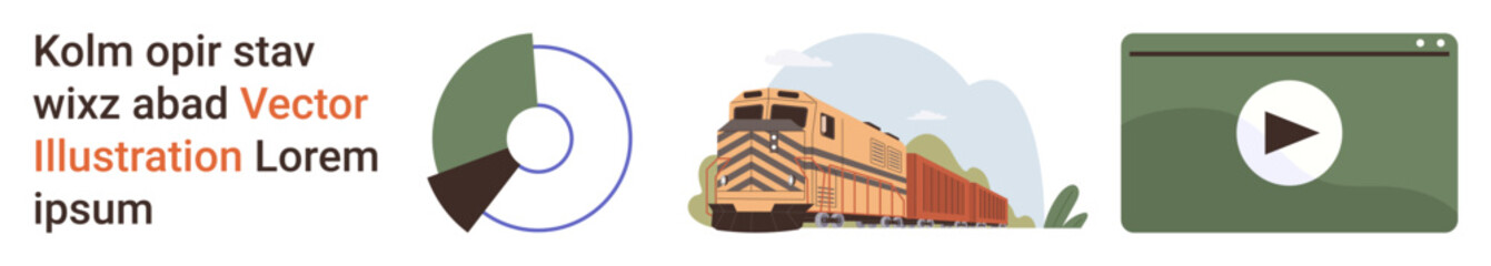 Data analytics, logistics, transportation, media playback, digital solutions, progress tracking. A pie chart, freight train and video interface. Data analytics and logistics conceptual design © robu_s