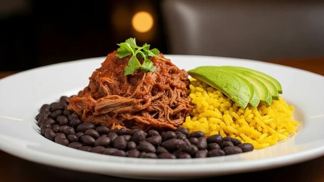 Traditional Cuban Ropa Vieja Plate with Shredded Beef, Black Beans, Yellow Rice, and Fresh Avocado Slices for Latin American Cuisine Menu and Food Photography