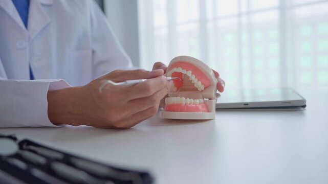 Dentist using equipment with teeth model