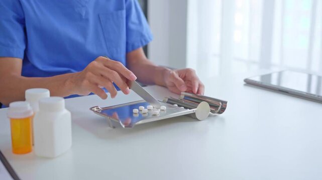 Pharmacist using equipment to dispense medication