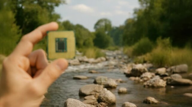 Hand holds computer processor outdoors near rocky stream