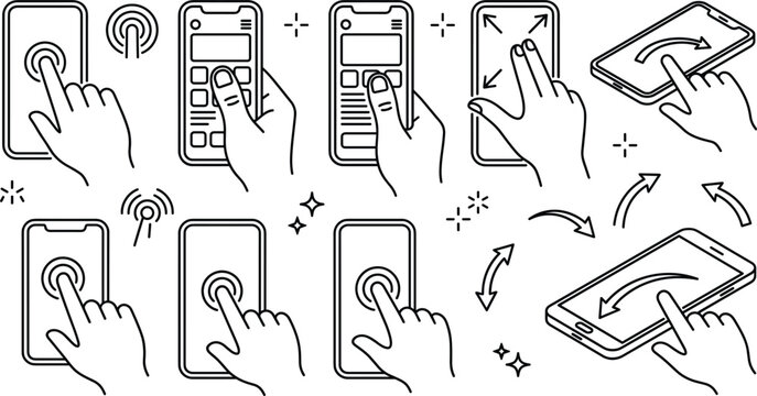 Touch screen gestures icon set with hand holding smartphone tapping zooming scrolling rotating and mobile device interface interactions