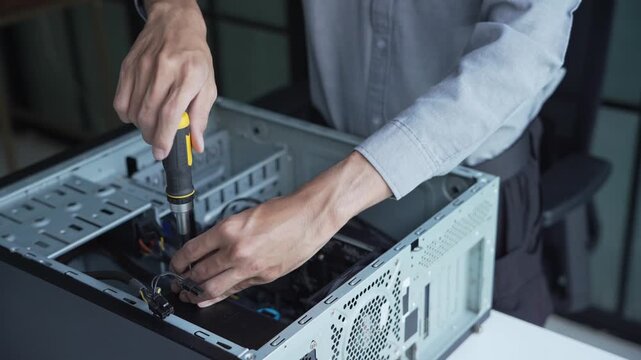 Asian IT engineer using screwdriver fix pc case
