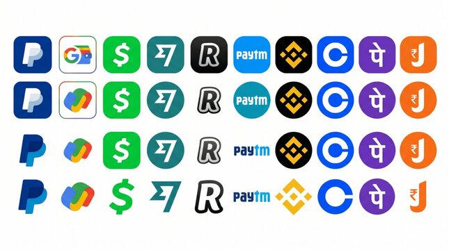 Payment and financial app icons logo set collection. PayPal, Google Pay, Cash App, Wise, Revolut, Paytm, Binance, Coinbase, PhonePe, JioPay mobile banking UI elements for web and app design interface