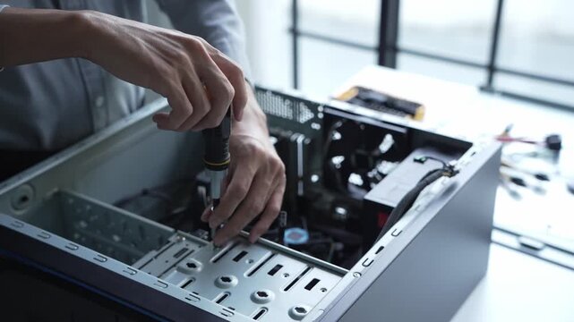 Asian IT engineer using screwdriver fix pc case