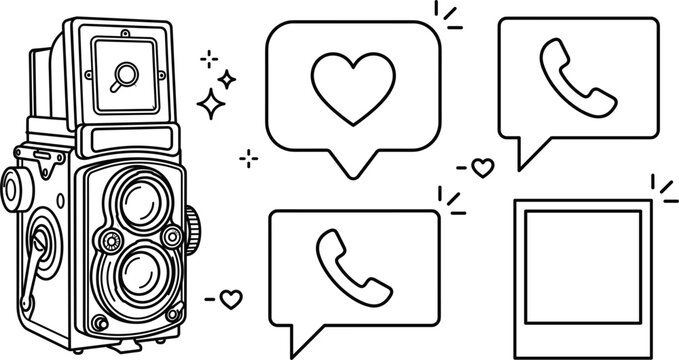 Vintage twin lens reflex camera icon set with heart speech bubble telephone call and instant photo frame vectors
