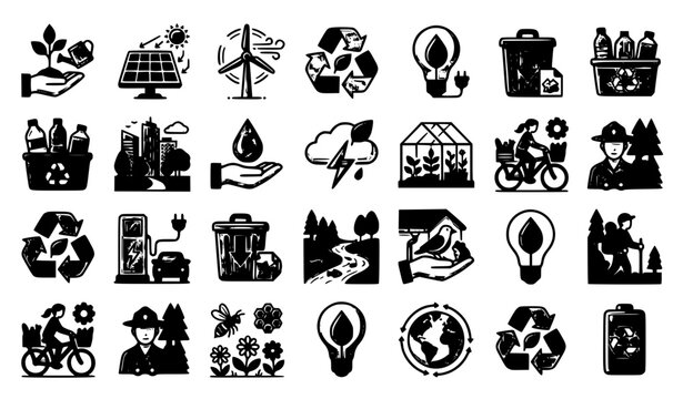 A clean minimal vector illustration set of pixel perfect environment icons displayed in a balanced grid on a solid white background. The collection includes environmental awareness symbols, nature con