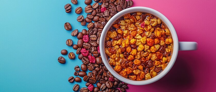 Coffee Beans and Candied Fruit in Cup on Split Blue-Pink Background, Top View