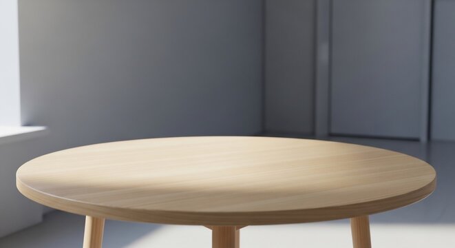 Minimalist round wooden dining table in a bright modern room interior.