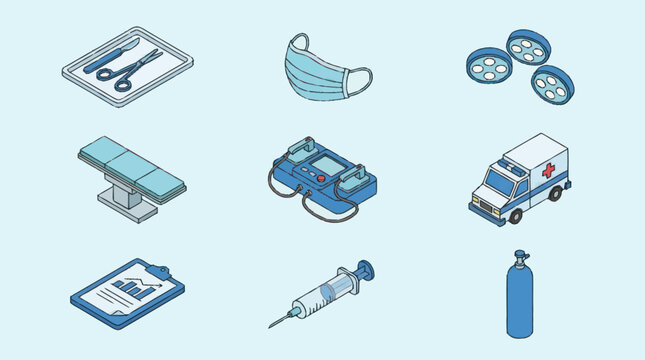 Collection of isometric medical equipment and healthcare symbols on a light blue background.