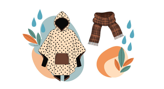 Fashion illustration of a polka dot poncho and a plaid scarf surrounded by abstract shapes and falling blue raindrops.