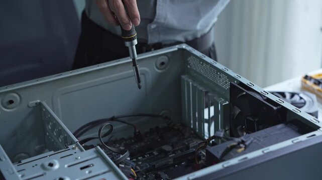 Asian IT engineer man fixing mainboard in pc case
