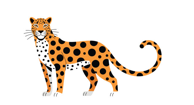Stylized illustration of a spotted leopard or jaguar standing tall with a long curved tail on a clean white background.
