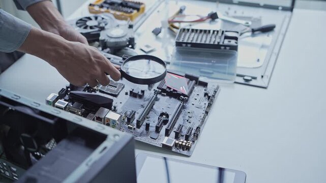 Asian IT engineer man using magnifying glass find broken part on mainboard