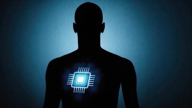 Male silhouette with glowing microchip embedded on chest, blue backlight, futuristic tech focal point