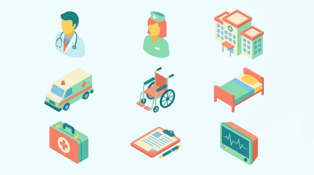 Collection of isometric medical icons representing healthcare services and equipment.