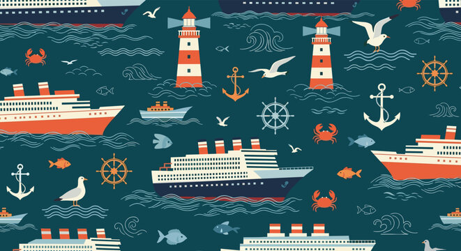 Nautical themed seamless pattern featuring cruise ships, red and white lighthouses, anchors, seagulls, and crabs on a dark teal sea.