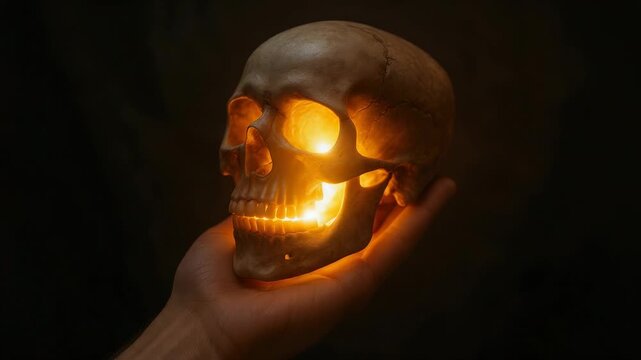 Dim, gothic scene of human hand holding warm-lit skull, orange glow enhances teeth and hollow eye sockets for mysterious Halloween vibe