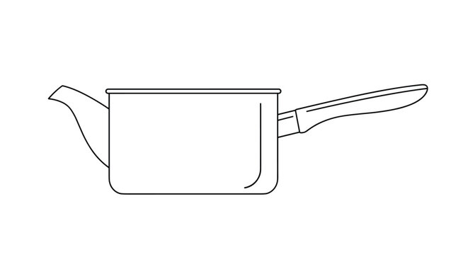 Line drawing of a saucepan with a long handle and a pouring spout frequently used in cooking and kitchen preparations.