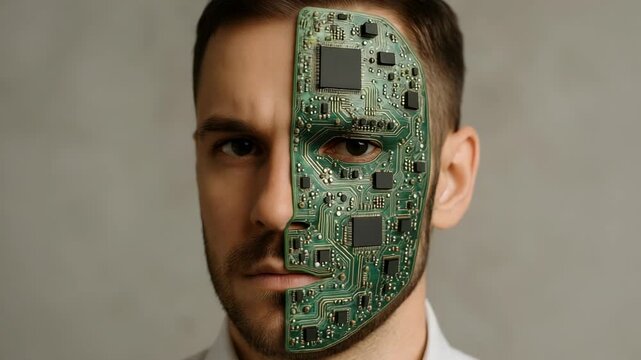 Half-human, half-machine portrait of man with circuit board replacing right side his face
