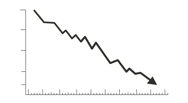 Minimalist line graph showing a jagged downward trend with a arrow pointing down. Concept of financial loss, economic recession, business decline, stock market crash, and negative progress.