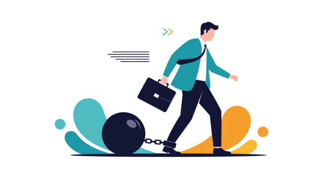 Stressed businessman running with a heavy black ball and chain attached to his leg symbolizing debt or burden.