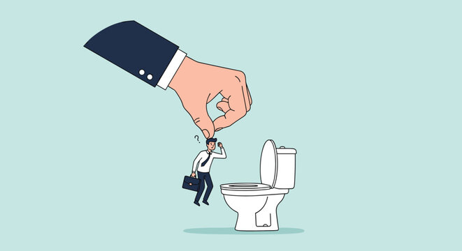 Humorous business concept showing a giant hand picking up a tiny businessman about to drop him into a toilet bowl.