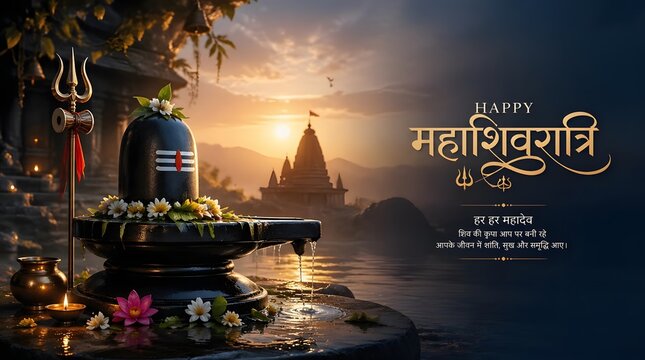 Serene Hindu Temple Shrine at Sunset by Water with Floral Decor