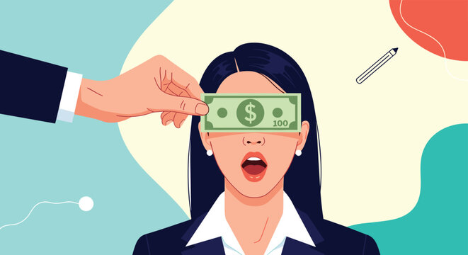 Hand holds a hundred dollar bill over a shocked womans eyes to represent being blinded by money or concepts of bribery and corruption.