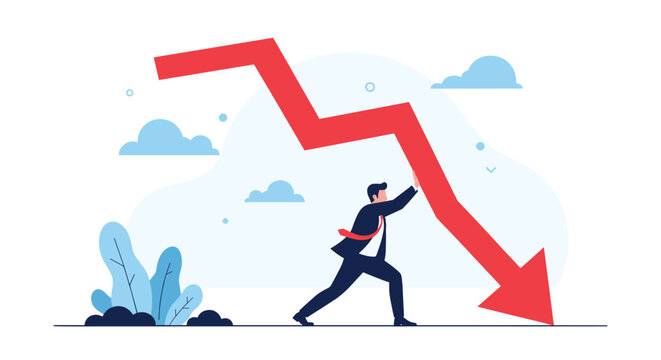 Strong businessman attempts to stop a large falling red arrow to represent efforts in preventing a market crash or financial loss.