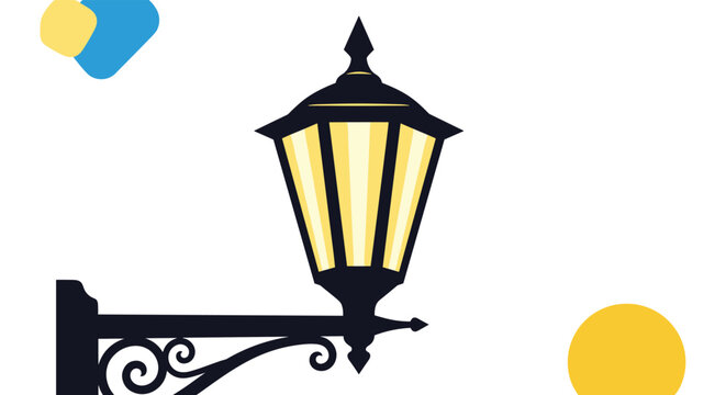 Black wall-mounted vintage street lamp with decorative bracket glowing on a white background with colorful abstract shapes.
