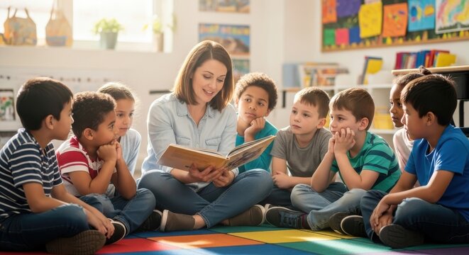 Diverse Group Of Children And Teacher Reading Book Together In Colorful Classroom