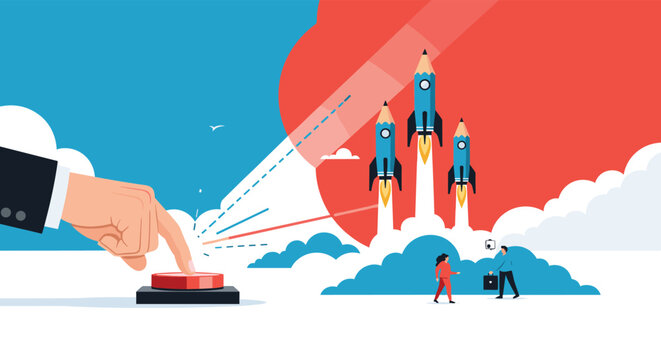 Large hand presses a red button to launch pencil shaped rockets into the sky as a metaphor for creative startups and new ideas.