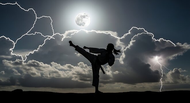 Silhouette of a person performing a martial arts kick under a moonlit, stormy sky