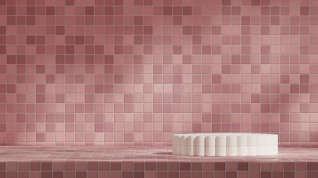 empty mockup light yellow cylinder podium of with seamless loop shadow animation pink tile pattern wall, rendering 3d footage