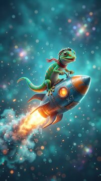 A cute cartoon gecko wearing aviator goggles and a red scarf riding a retro space rocket through a colorful nebula in deep space