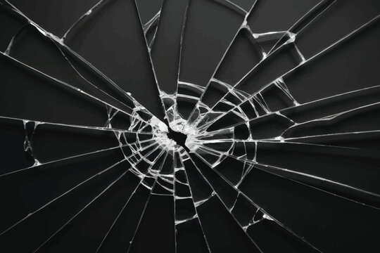Broken glass texture on black background. Shattered window pane, cracked screen overlay, and abstract sharp shards background.