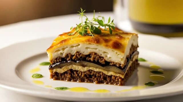 Traditional Greek Moussaka Slice on White Plate with Bechamel Sauce and Eggplant Layers for Mediterranean Cuisine Restaurant Menu and Food Photography Concepts