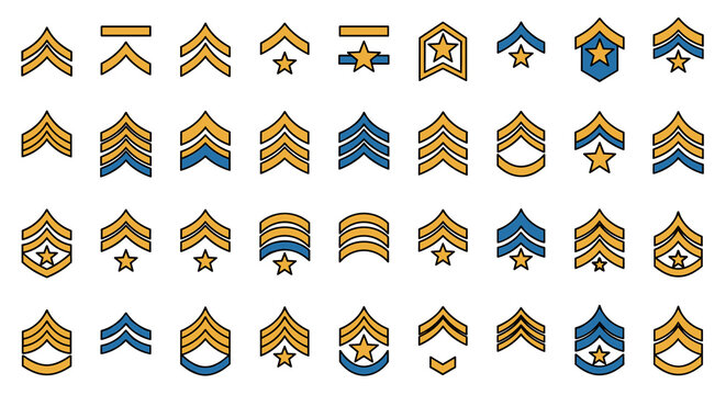Collection of various military rank insignia on a white background