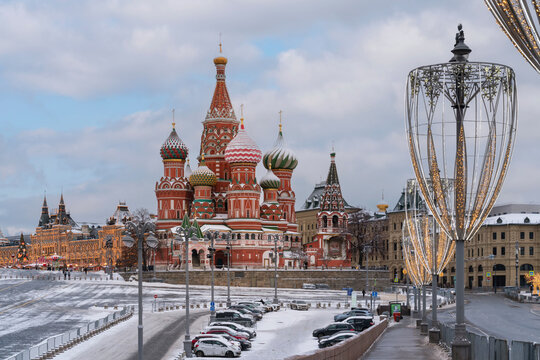 St. Basil's Cathedral (Cathedral of Vasily the Blessed) as viewed from Vasilyevsky Descent Square on a sunny winter day, Moscow, Russia