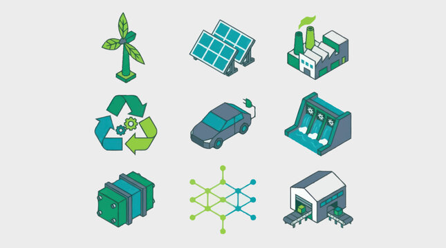 Set of isometric icons representing renewable energy sources and sustainable technologies for a greener future.