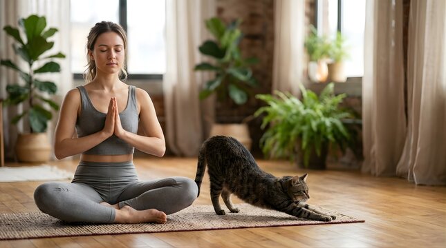 Young woman meditating in yoga pose with a stretching cat at home