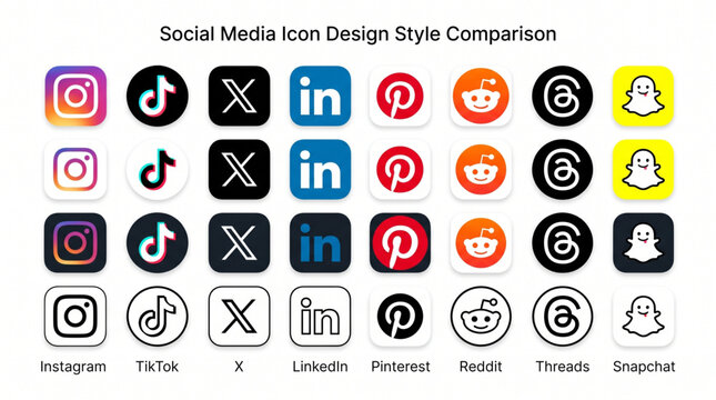 Social media icons logo collection vector. Instagram, TikTok, X, LinkedIn, Pinterest, Reddit, Threads, Snapchat app icons in color, dark, light, and outline styles for user interface UI design.