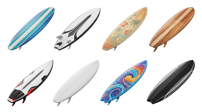 Collection of diverse surfboard designs with various patterns and textures isolated on white background, ideal for sports equipment catalogs and summer travel graphic design assets.