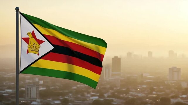 Zimbabwe national flag waving against a blurred urban city skyline background representing patriotism independence sovereignty and African national identity
