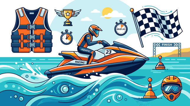 Professional Jet Ski Racing Vector Illustration Set with PWC Rider, Life Jacket, Trophy, and Finish Line Icons for Aquatic Sport Themes