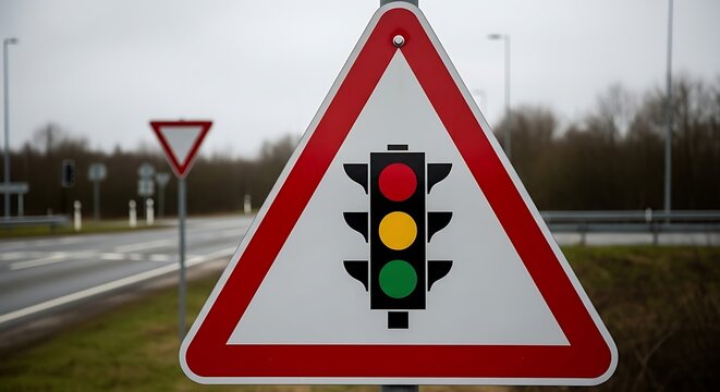 Traffic signal warning sign on a cloudy day