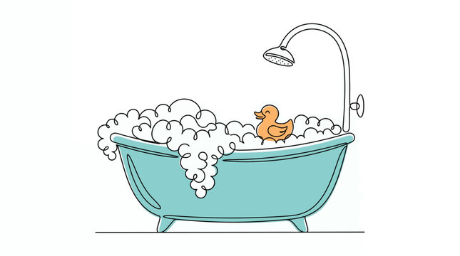 One-line art illustration of a blue bathtub with foamy bubbles and a rubber duck, complete with a shower head, symbolizing bath time joy and relaxation concepts